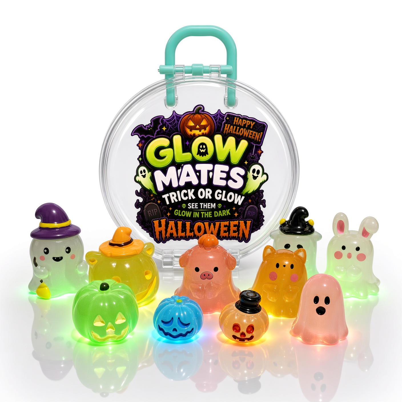 Halloween Glow Mates Glow in the Dark Animals – Cute Collectible Toy set in Blue Carry Case