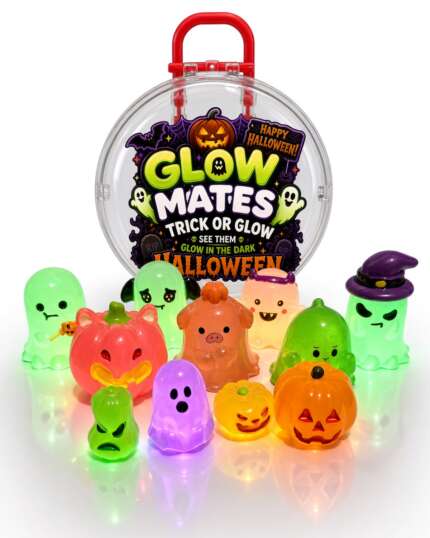 Halloween Glow Mates Glow in the Dark Animals – Cute Collectible Toy set in Red Carry Case