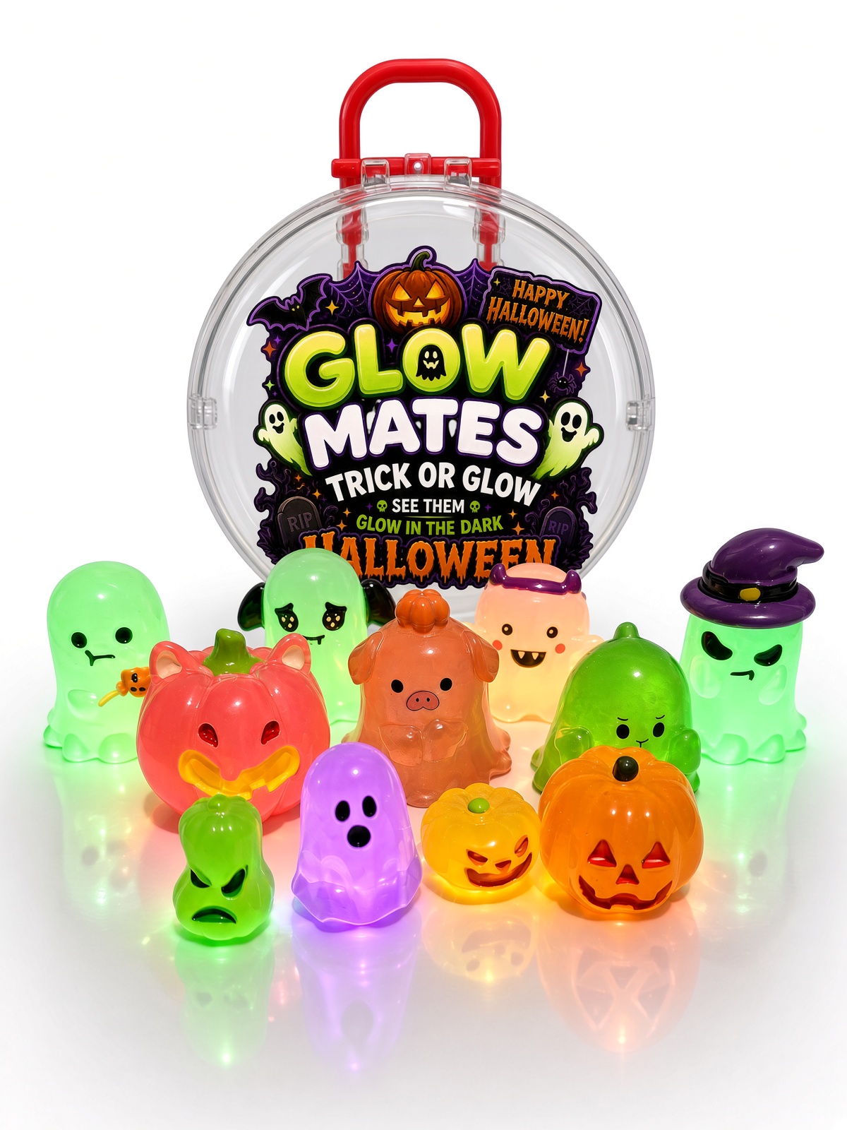 Halloween Glow Mates Glow in the Dark Animals – Cute Collectible Toy set in Red Carry Case