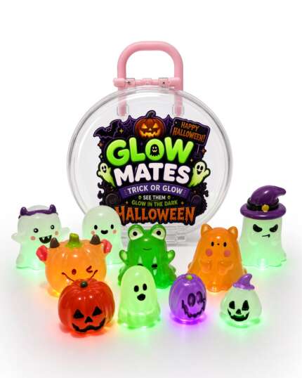 Halloween Glow Mates Glow in the Dark Animals – Cute Collectible Toy set in Pink Carry Case