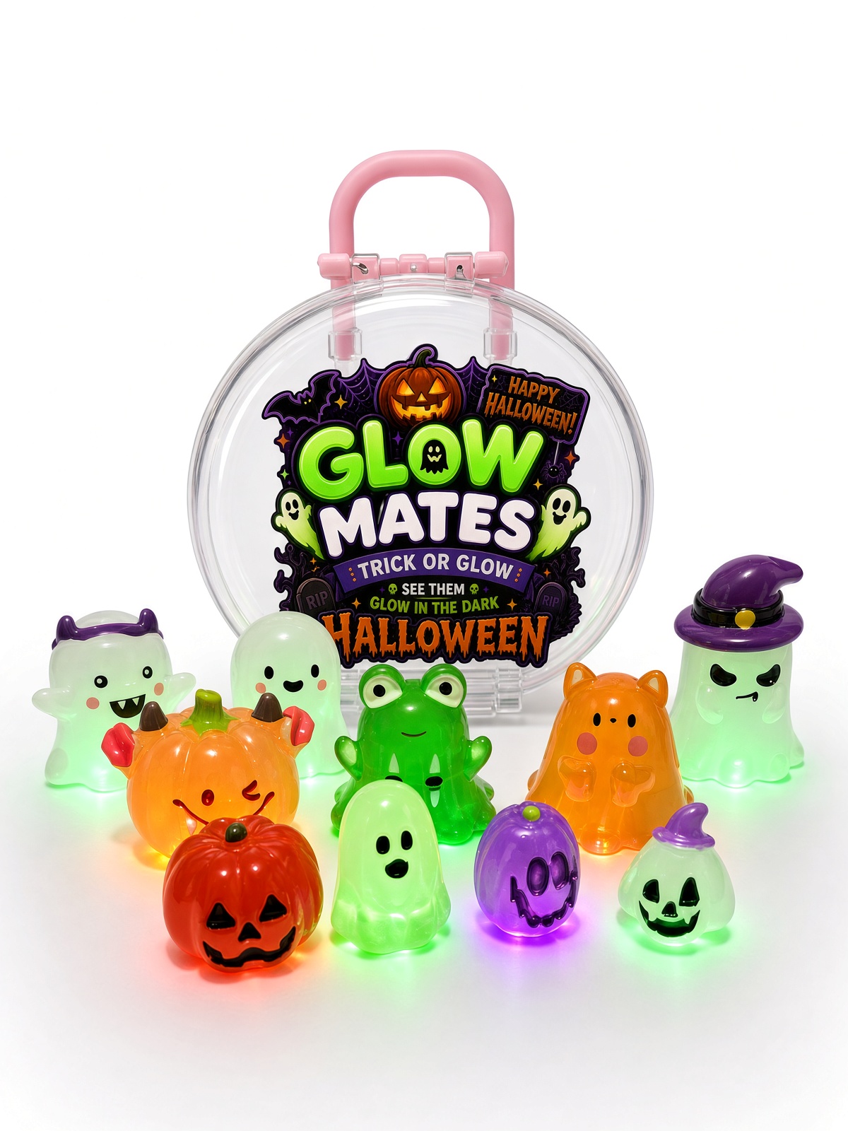 Halloween Glow Mates Glow in the Dark Animals – Cute Collectible Toy set in Pink Carry Case