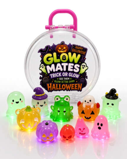 Halloween Glow Mates Glow in the Dark Animals – Cute Collectible Toy set in Indigo Carry Case
